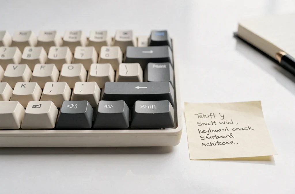 Gros plan sur la touche Shift d'un clavier mécanique avec une note manuscrite de raccourci clavier