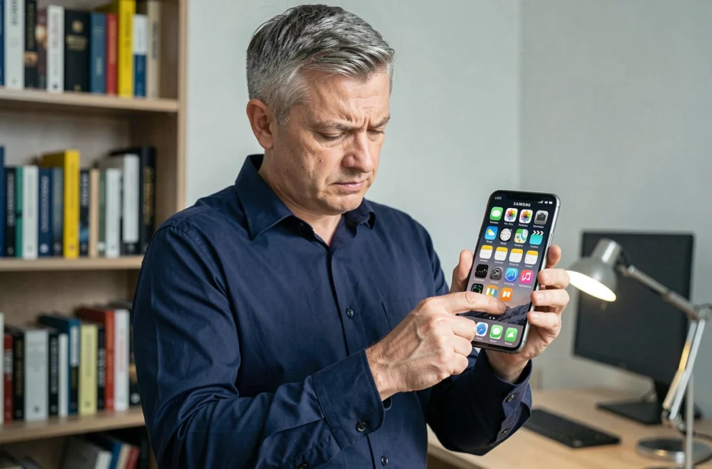 Homme utilisant un Samsung flambant neuf dans un bureau à domicile pour trouver la corbeille des fichiers supprimés