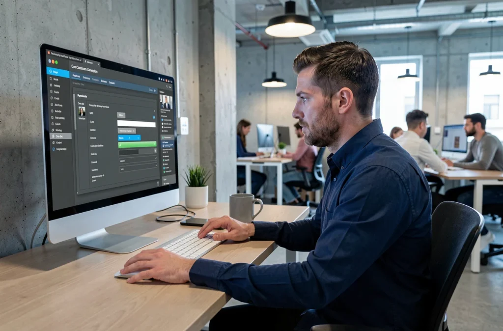 Homme en espace de coworking convertissant des fichiers vidéo au format MP4 sur un ordinateur de bureau professionnel