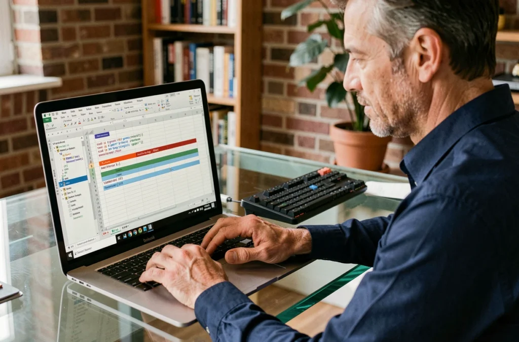 Homme travaillant sur un macro VBA Excel pour automatiser la mise en forme de tableaux depuis un bureau à domicile