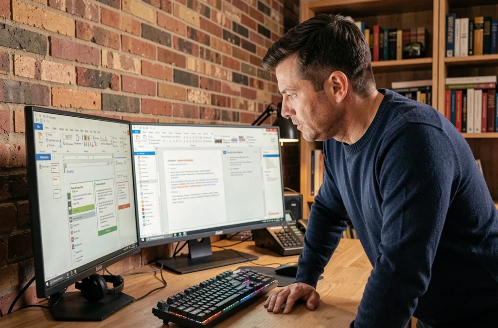 Homme utilisant les fonctionnalités avancées de Microsoft Word sur un double écran dans un bureau à domicile