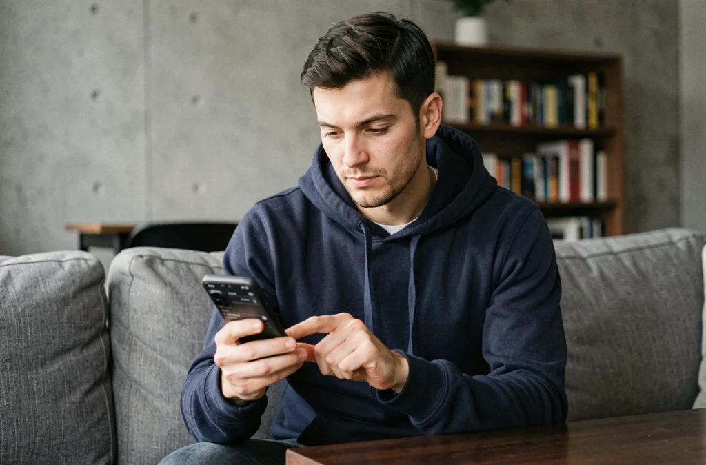 Homme consultant les paramètres iOS 18.4.1 sur son iPhone dans un salon minimaliste