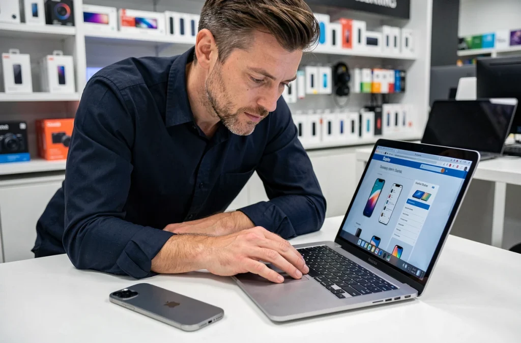 Homme comparant les prix de l'iPhone 13 mini sur un site e-commerce depuis un magasin d'électronique