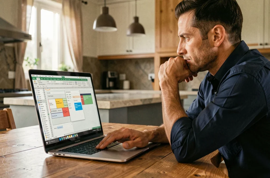 Homme travaillant sur un tableau croisé dynamique Excel depuis son domicile sur un laptop