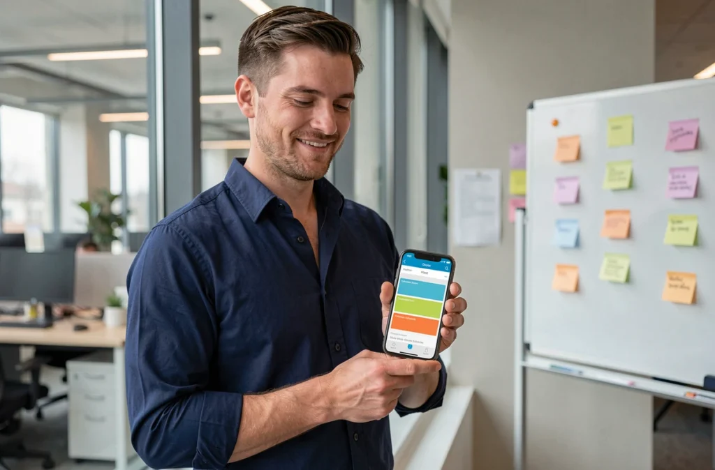 Homme consultant sa liste de tâches Microsoft To Do sur smartphone dans un bureau professionnel moderne