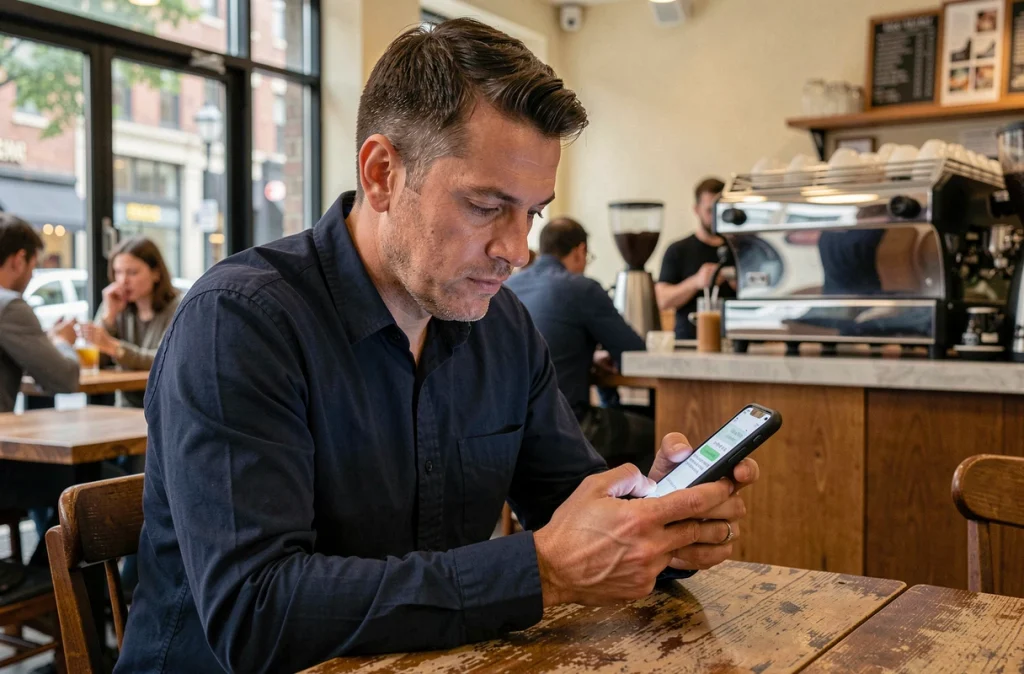 Homme en train de vérifier le compteur de caractères spéciaux d'un SMS dans un café