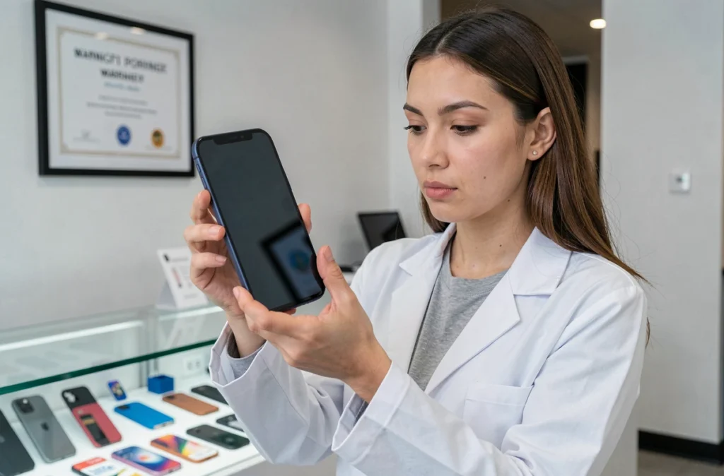 Technicienne inspectant un écran de remplacement pour iPhone 11 dans une boutique de réparation avec garantie