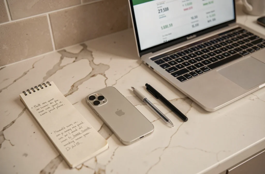 iPhone 13 mini posé sur un comptoir en marbre à côté d'un ordinateur portable affichant un comparateur de prix en ligne