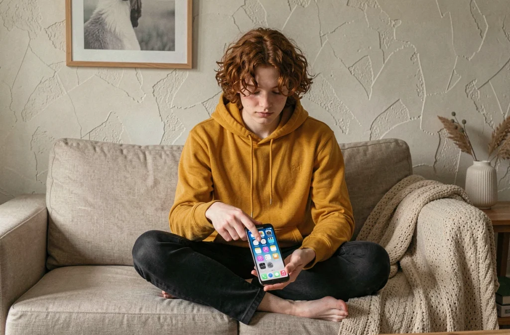 Jeune adulte assis sur un canapé avec un Samsung neuf, découvrant où se trouve la corbeille sur l'écran d'accueil