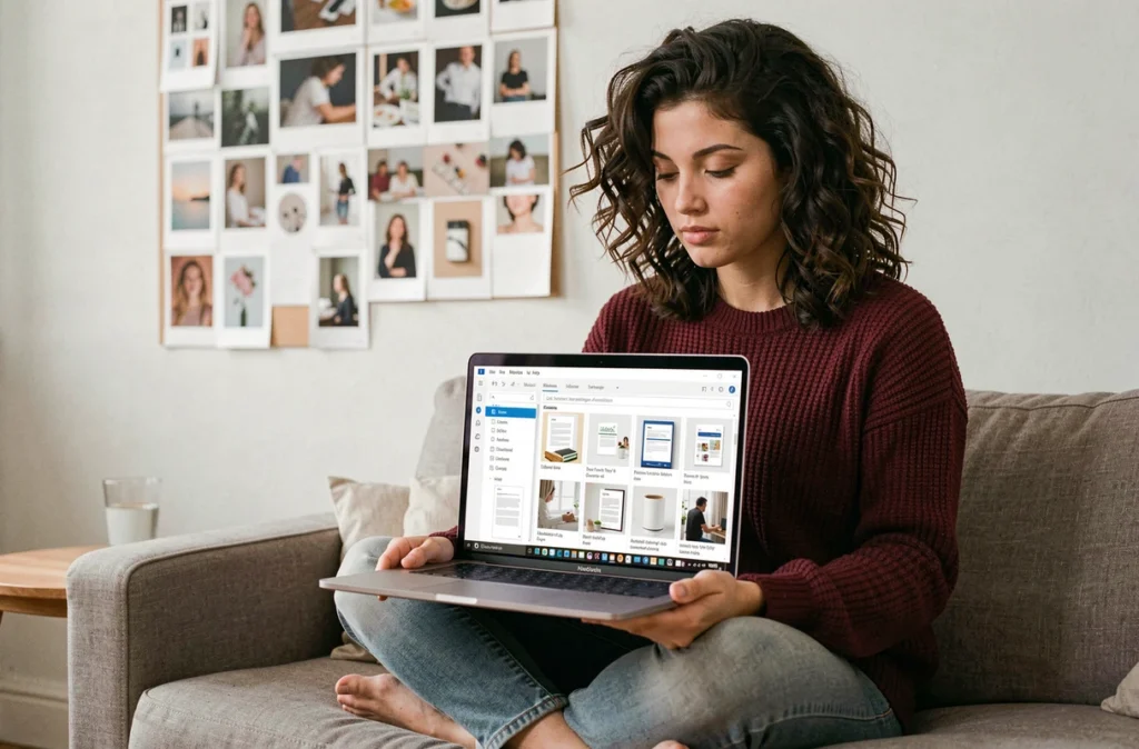 Jeune femme freelance organisant ses modèles de documents personnalisés dans le gestionnaire de modèles LibreOffice sur un canapé de studio