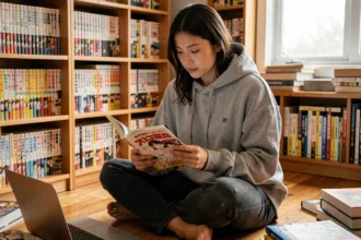 Jeune femme lisant un manga chez elle entourée de volumes et d'un ordinateur portable ouvert sur un site de lecture en ligne