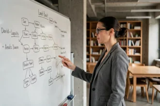 Femme professionnelle présentant un schéma de maillage interne et de hiérarchie de pages web sur un tableau blanc en open space