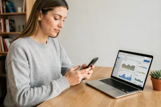 Femme analysant l'optimisation mobile d'un site web sur smartphone et ordinateur portable dans un bureau moderne