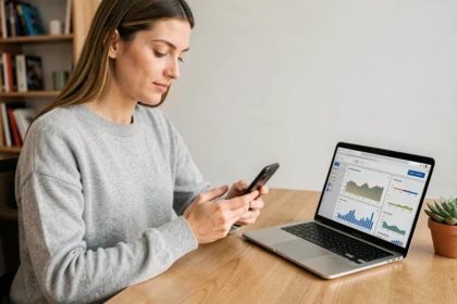 Femme analysant l'optimisation mobile d'un site web sur smartphone et ordinateur portable dans un bureau moderne