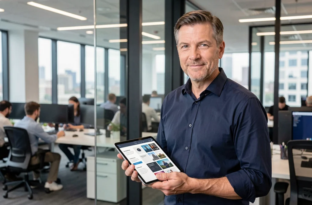 Professionnel masculin consultant une grille de site web responsive sur tablette dans un bureau d'entreprise moderne
