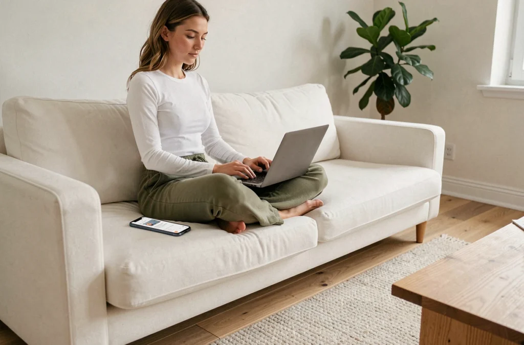 Jeune femme travaillant sur l'optimisation mobile d'un site SEO depuis son salon avec laptop et smartphone