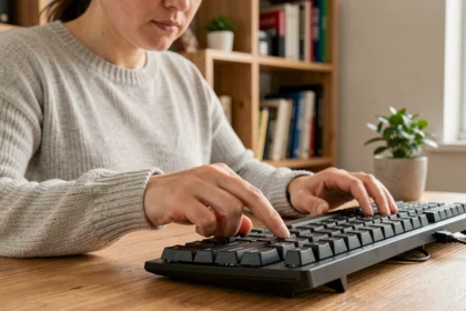 Femme appuyant sur la touche Shift d'un clavier mécanique dans un bureau à domicile