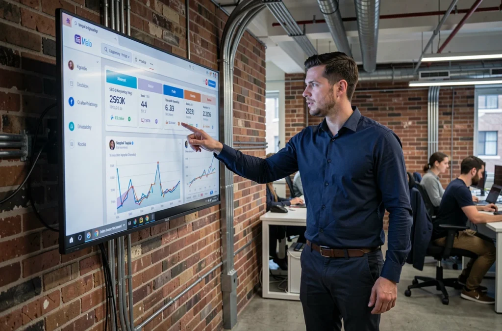Professionnel présentant un tableau de bord SEO et réseaux sociaux sur un écran dans un espace de coworking