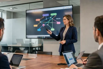 Femme présentatrice utilisant un schéma interactif sur grand écran lors d'une réunion d'entreprise
