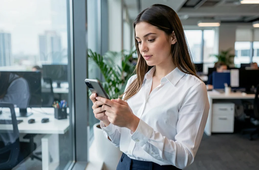 Professionnelle consultant le compteur de caractères de son SMS depuis un bureau en open space