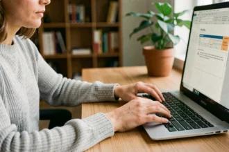 Femme utilisant des raccourcis clavier sur PowerPoint à son bureau