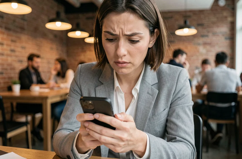 Femme recherchant la nouvelle adresse d'un site sur son smartphone dans un espace de coworking