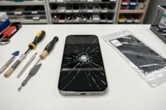 Écran iPhone 11 cassé posé sur un établi de réparation avec outils de démontage et dalle de remplacement