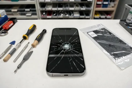 Écran iPhone 11 cassé posé sur un établi de réparation avec outils de démontage et dalle de remplacement