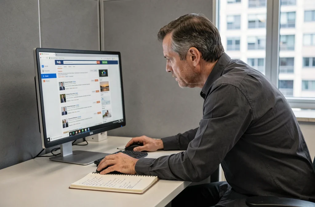 Homme consultant les résultats de recherche pour retrouver un site web fiable sur un ordinateur de bureau