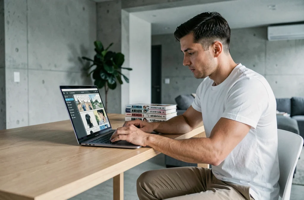 Homme consultant un site de manga en ligne sur son ordinateur portable dans un appartement moderne avec des mangas posés sur le bureau