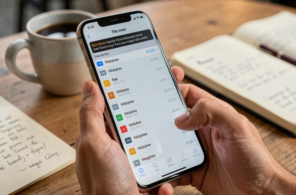 Main tenant un smartphone affichant une application de gestion de fichiers avec conversion d'octets et notification d'erreur