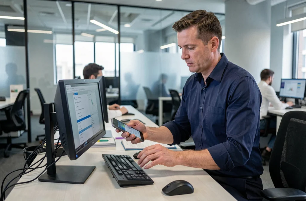 Homme synchronisant des documents professionnels entre ordinateur de bureau et smartphone dans un open space
