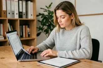 Femme synchronisant des fichiers bureautiques entre un laptop et une tablette dans un bureau à domicile