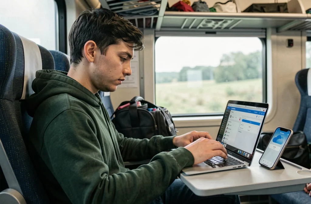 Personne synchronisant ses fichiers bureautiques entre laptop et smartphone dans un train en déplacement