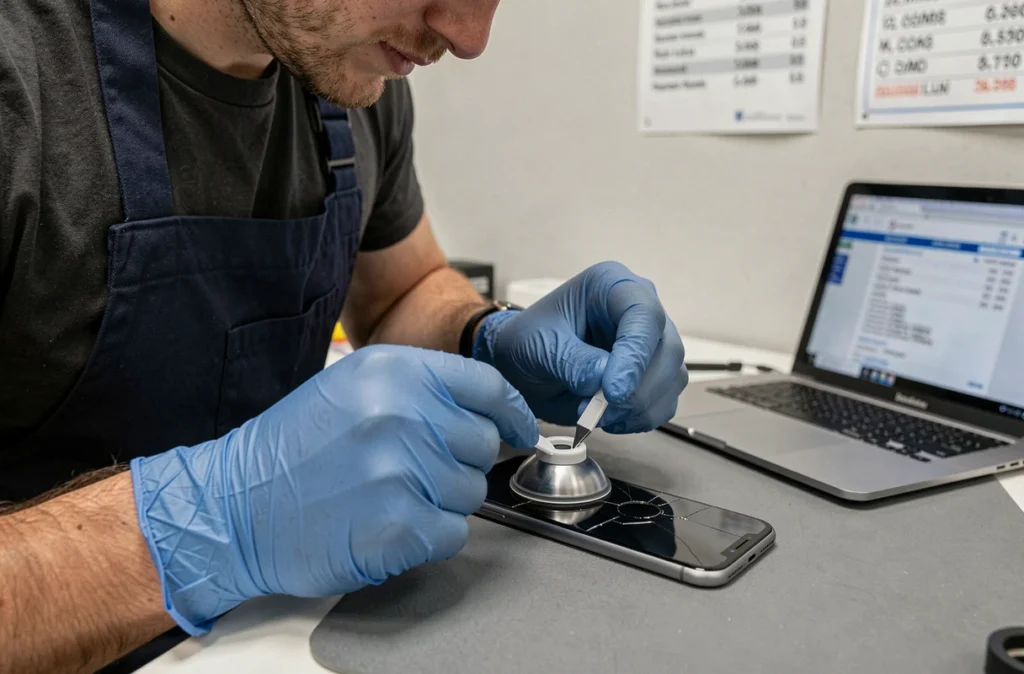 Technicien réparant un iPhone 11 avec ventouse et outil de démontage dans un atelier professionnel