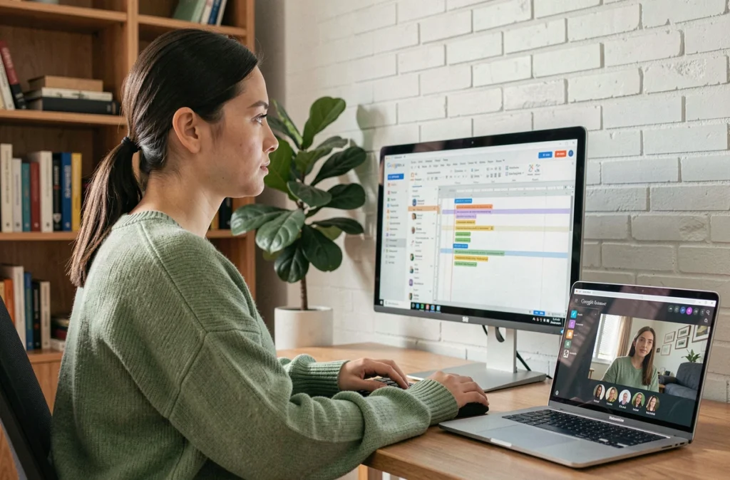 Femme en télétravail éditant un document Google Docs partagé avec des collaborateurs à distance