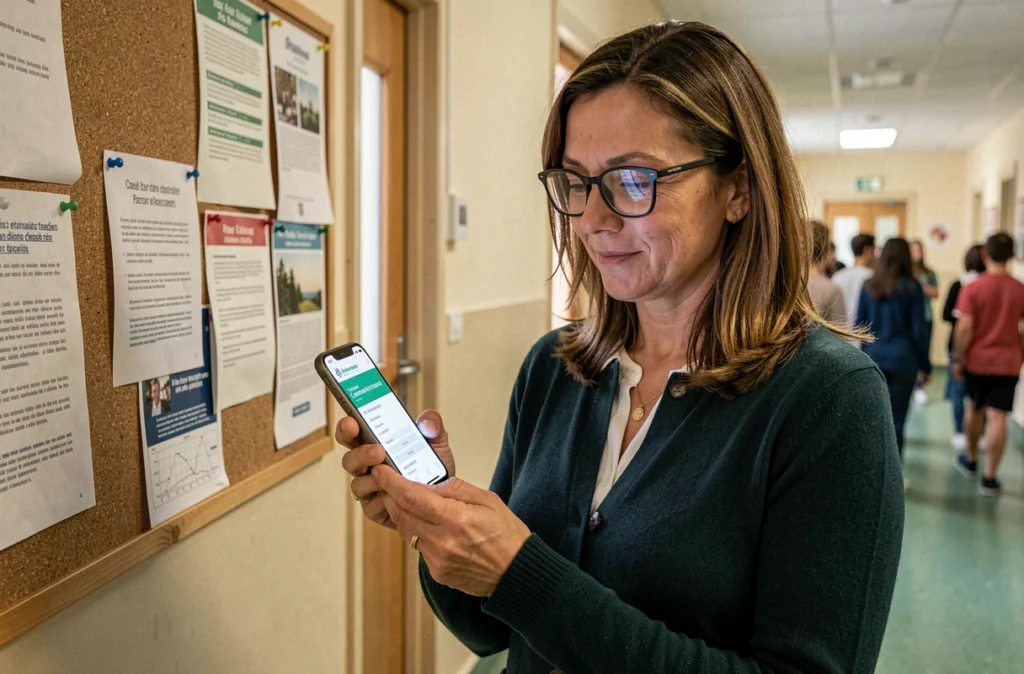 Enseignante vérifiant la confirmation de son adresse mail académique de Versailles sur smartphone dans un couloir scolaire