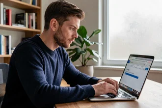 Homme vérifiant l'adresse URL d'un site web sur son ordinateur portable dans un bureau à domicile moderne