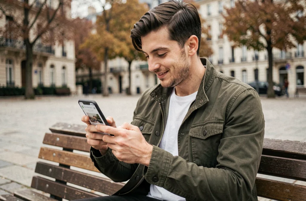 Jeune homme configurant la réception de mails en temps réel sur Webmail Normandie en extérieur urbain