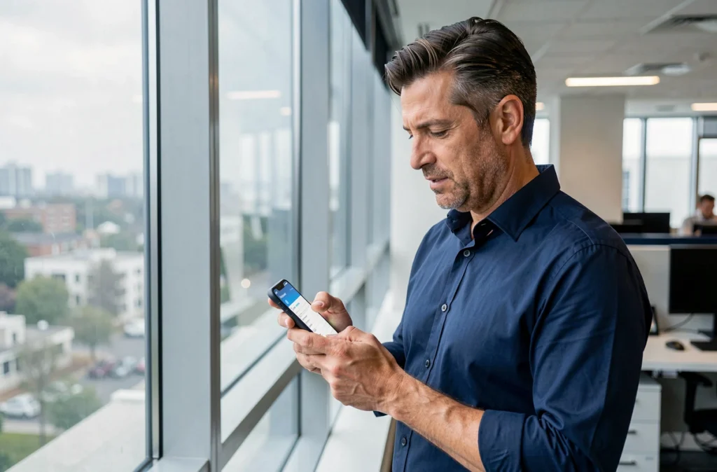 Homme d'affaires recevant ses mails Webmail Normandie en temps réel sur son smartphone au bureau