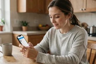 Femme consultant ses emails en temps réel sur smartphone via Webmail Normandie depuis sa cuisine