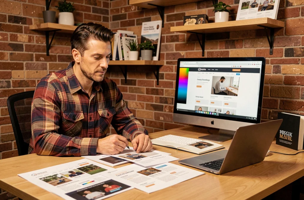 Web designer de l'agence Allositeweb comparant des maquettes imprimées et numériques d'un site e-commerce dans un studio aux murs en brique