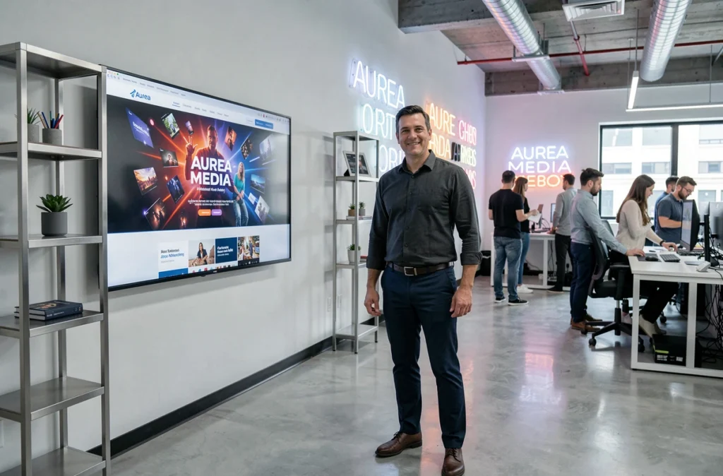 Directeur créatif de l'agence Aurea Media présentant un projet multimédia web ambitieux dans un studio digital moderne
