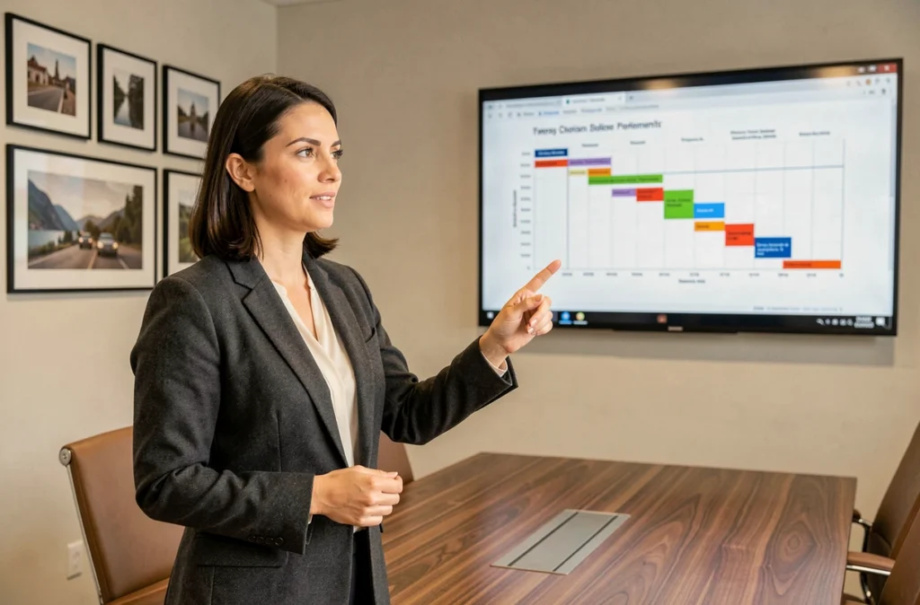 Chef de projet de l'agence Axione Web présentant un diagramme de Gantt dans une salle de réunion moderne en Normandie