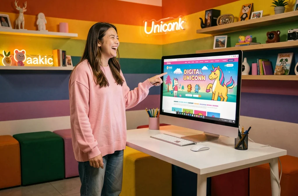 Créative de l'agence Digital Unicorn réagissant avec enthousiasme devant un site web coloré et fantaisiste aux illustrations originales