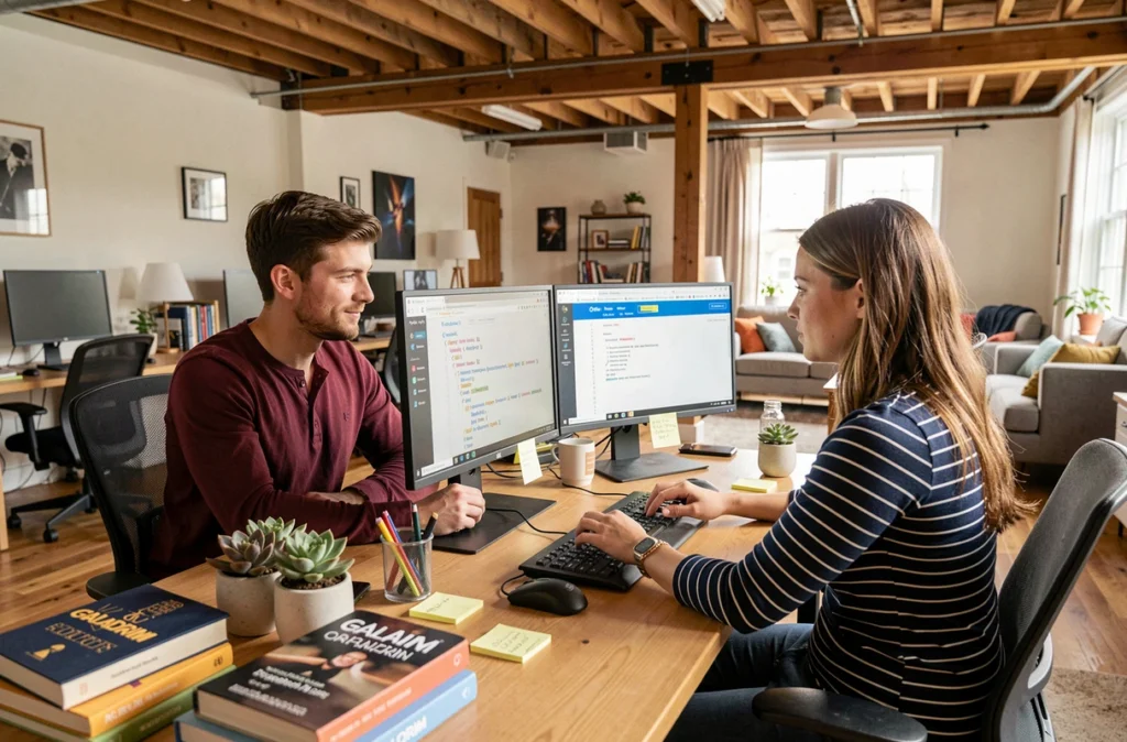 Deux développeurs de l'agence Galadrim faisant du pair-programming sur un projet web React dans un espace de travail collaboratif