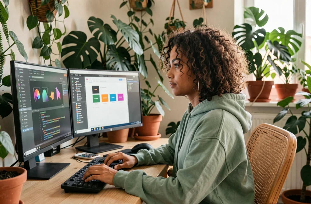 Développeuse web de l'agence Gaya codant des animations CSS dans un bureau créatif rempli de plantes et de mobilier en rotin