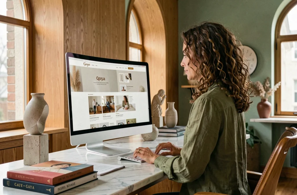 Designer de l'agence Gaya examinant des maquettes de sites web haut de gamme dans un studio élégant aux tons naturels