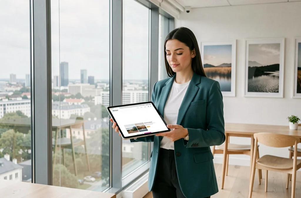Designer de l'agence Horizon tenant une tablette avec un layout web minimaliste devant une vue panoramique du ciel des Hauts-de-Seine