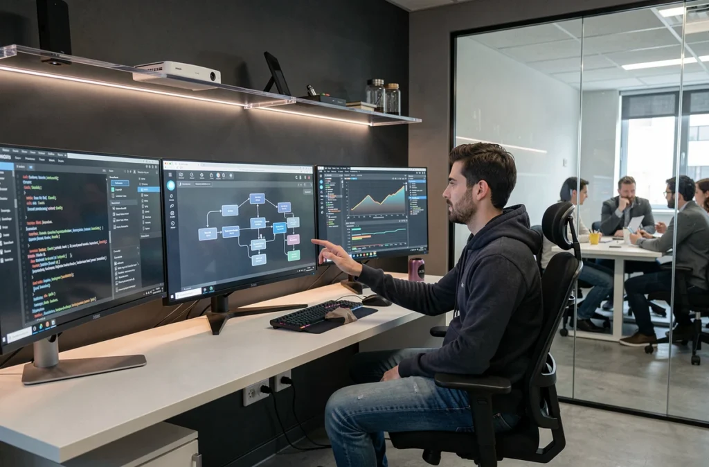 Designer UX de l'agence MAGIRIS interagissant avec un écran tactile affichant des prototypes web et des diagrammes de flux complexes